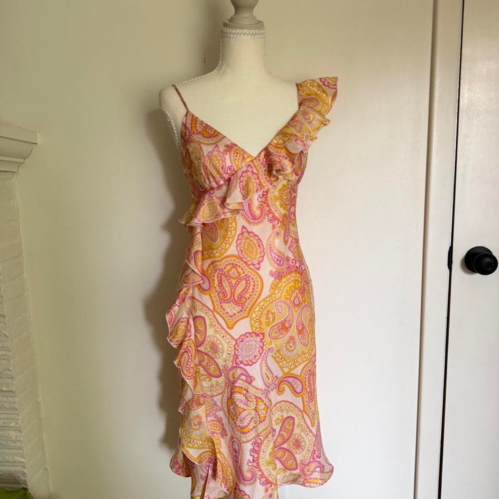 Banana Republic Pink & orange paisley silk slip dress with ruffles